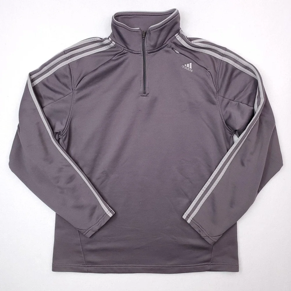 Adidas Pullover Mens Large Gray Quarter Zip Athletic 3 Stripe Long Sleeve Jacket